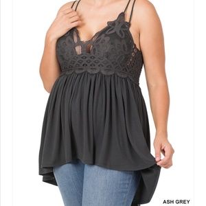 Grey Boho Crochet Lace Bralette Babydoll Ruffle Long Tunic Cami Top Zenana 2X